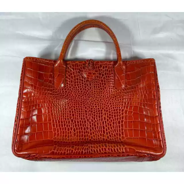 Longchamp Terracotta Roseau Croc Embossed Leather Toggle Top Handle Tote Purse 2