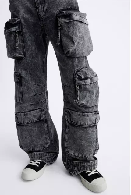 ZARA NEW MAN Cargo Trousers Utility Jeans Pockets Pant Grey 5575