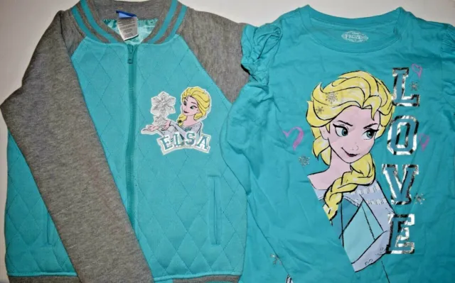 Euc Disney Frozen Elsa Jacket Long Sleeve Blue Love T Shirt 2 Pc Set Size 7 8