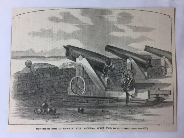 1861 magazine engraving~ NORTHERN ROW OF GUNS AT FORT PICKENS, Florida