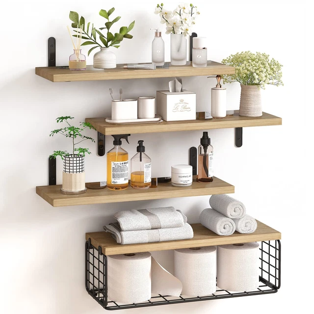 4+1 Tier Rustic Wood Floating Shelves - Bathroom Wall Shelf
