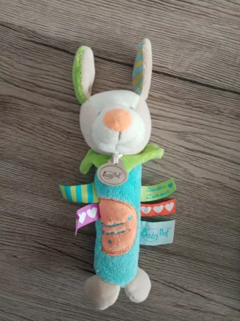 Peluche doudou chien BABY NAT' bleu orange vert Doudou D'amour pouet 18 cm