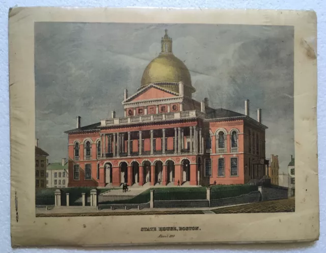 State House Boston About 1850 Color Lithograph From Antique Dealer Collection