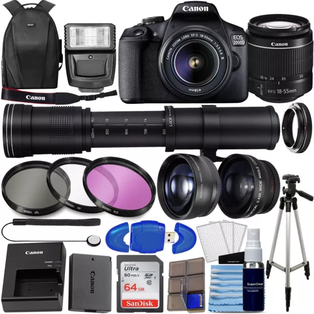 Canon EOS 2000D (Rebel T7) DSLR Camera w/ 18-55mm Lens + 420-800mm Lens Bundle