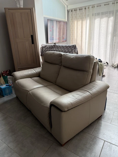 Canapé 3 Places Cuir Biton Blanc Taupe - Home Salon - Confortable - Occasion