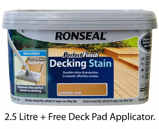 2.5L Ronseal Perfect Finish Decking Stain Country Oak Wood Protection 2.5 Litre