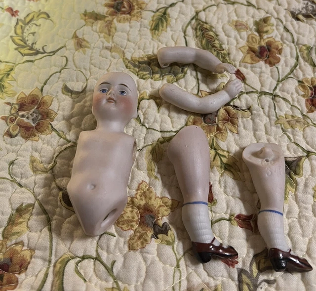 Vintage China Head , Arms And Body Bisque Hand Painted Doll
