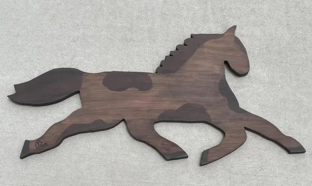 Primitive Folk Art Running Spotted Horse Wood Hand Patinted Signed Wall Hanging