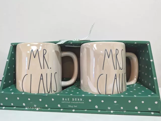 Rae Dunn Christmas Iridescent Mugs MR & MRS CLAUS Set of 2 Green & Red Interior
