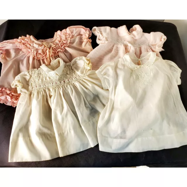 60s-70s Infant Dresses 4 Hand Smocked Hand Knit Baby Girl Dresses Newborn - 3 Mo
