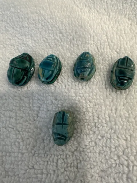 5 Vintage Turquoise Glazed Ceramic Scarab Beads