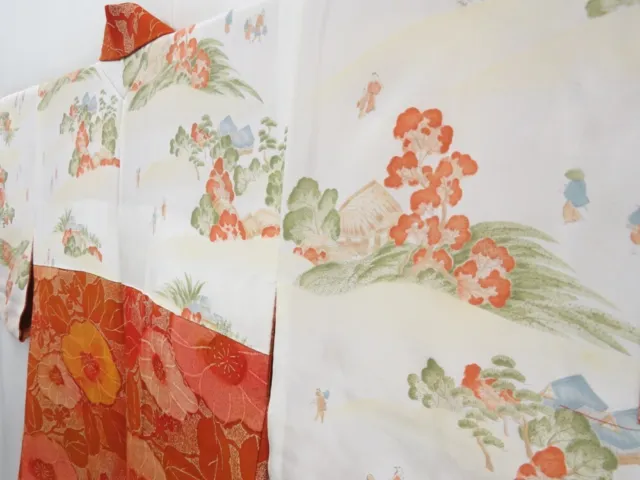 3509T02z600 Vintage Japanese Kimono Silk HAORI Flower Dark orange