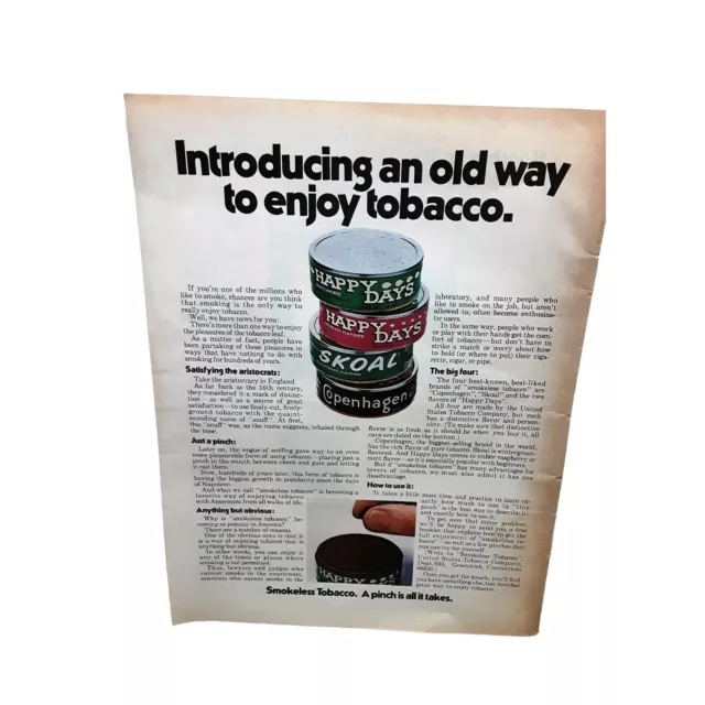 Skoal Copenhagen Smokeless Tobacco vintage 1972 Magazine Print Ad