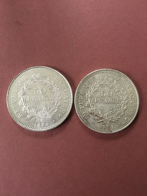 Lot De 2 Pieces 50 Francs Hercule En Argent 1976 1977