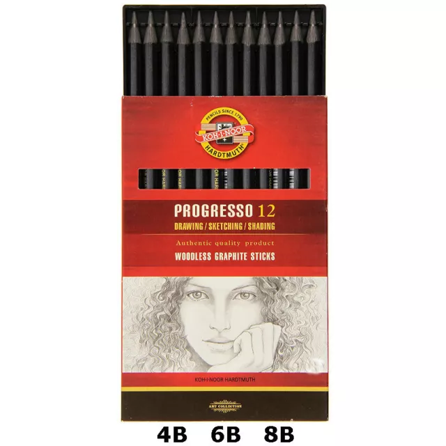 Koh-I-Noor Progresso Woodless Graphite Sticks Pencils 4B 6B 8B Hb Sketching