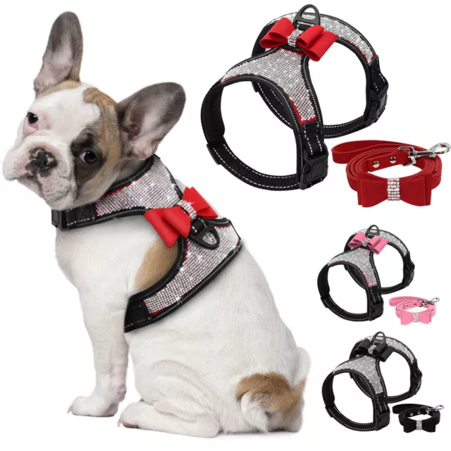 Bling Rhinestone Dog Harness and Lead Reflective Mesh Padded Cute Bowtie Vest