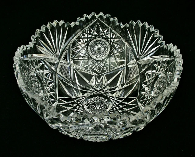 AMERICAN BRILLIANT CUT GLASS 9" BOWL - HOBSTARS FANS & FILE CUTS w/ SAWTOOTH RIM