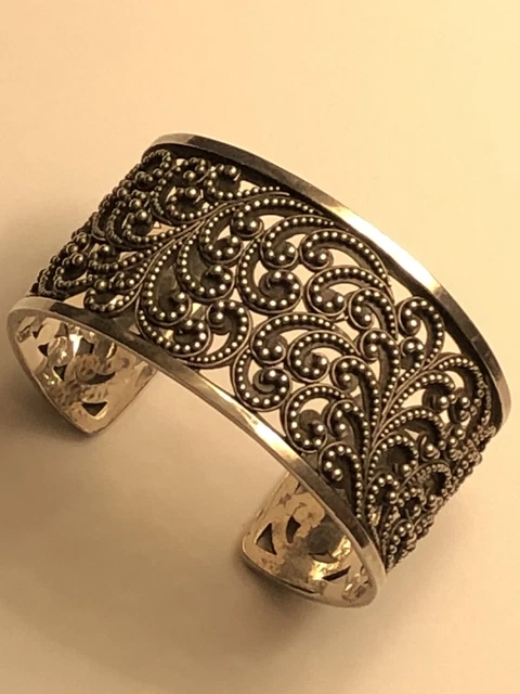 Lois Hill sterling granulated filigree scroll openwork 7" cuff MA 083022dGE