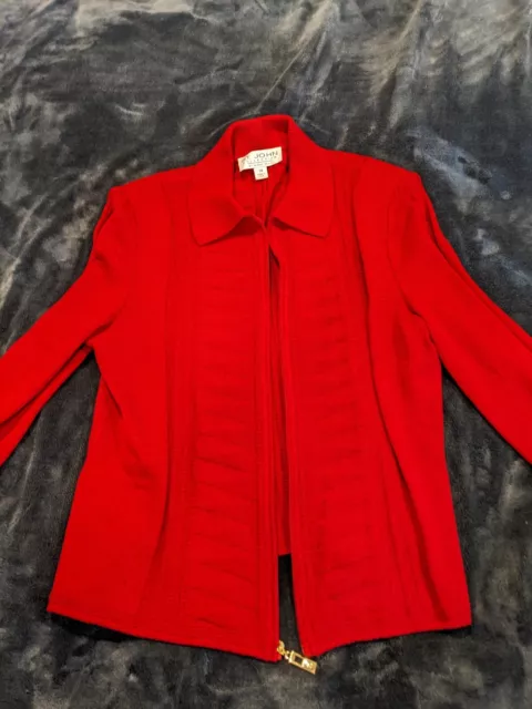 ST JOHN COLLECTION JACKET Marie Gray Patterned Knit Bright Red Size 14