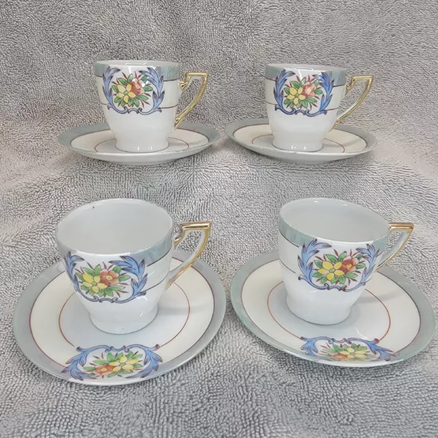 Chikaramachi Lustreware Tea Cup Saucer Set Of 4 Floral Hand-Painted Japan