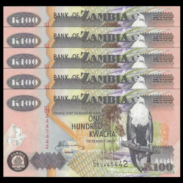 Lot 5 PCS, Zambia 100 Kwacha, Banknotes Money, 2006-2009, P-38, banknote, UNC