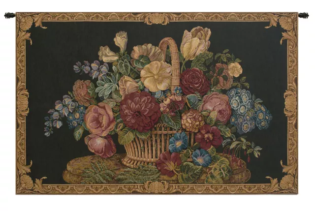 Flower Basket Black 18th Century Italian Vintage Tapestry Antique Wall Art