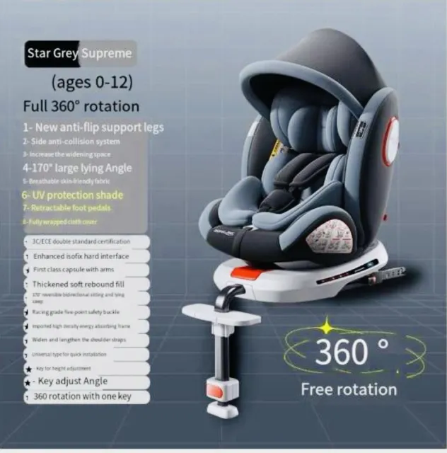 Baby Car Seat 360 Degree 1 Click Luxury Baby Car Seat For All Ages 0-12,GRAY