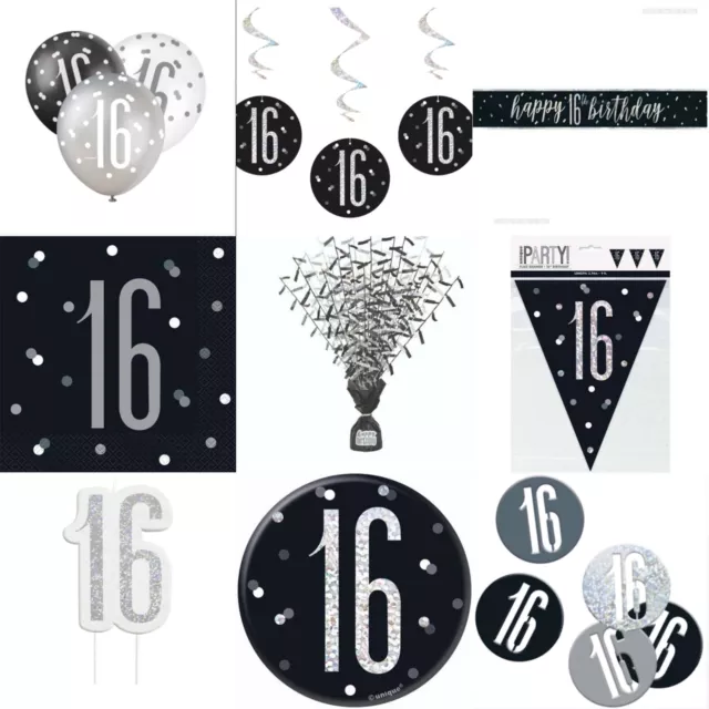 16th Glitz Black Happy Birthday,Banner,Bunting,Balloon,Confetti,Badge,Napkin