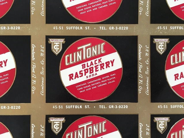 CLINTONIC Black Raspberry SODA  30s 40s uncut LABEL sheet NEW YORK CITY•
