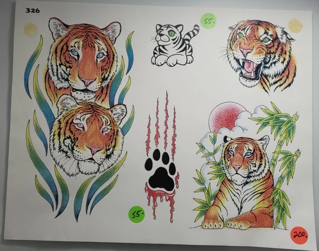 Hoja flash vintage para tatuajes de arte tigre