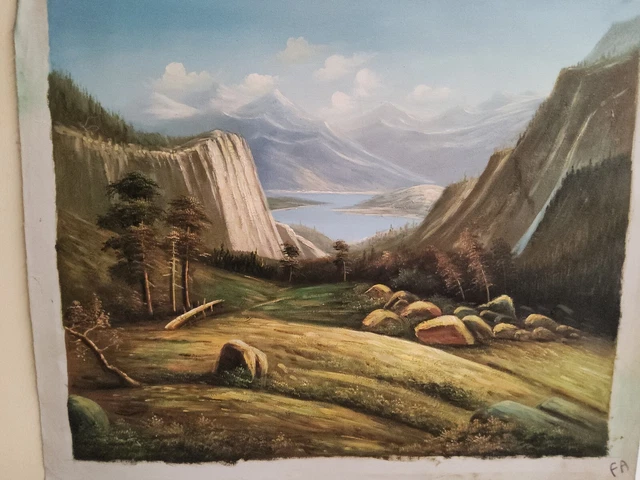 Pintado Paisaje Montañas Lago Óleo sobre Lienzo 50x60 CM Marco Incluido