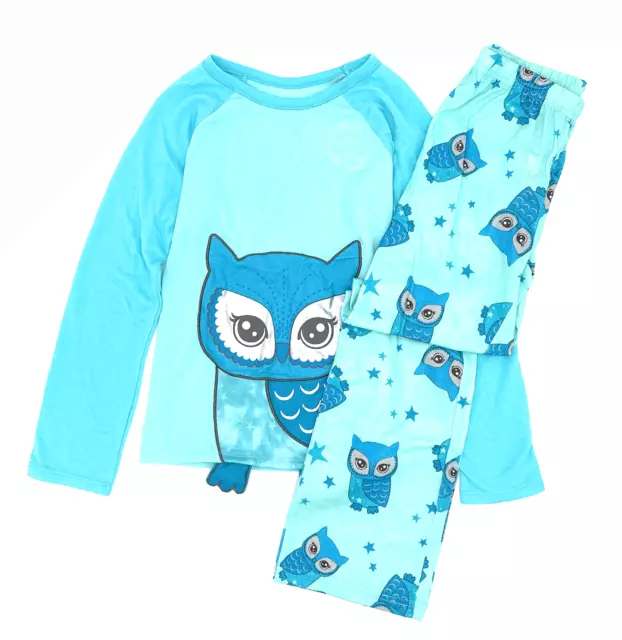 Justice Girls Owl Blue Pajama Set Long Sleeve Pants Sleepwear 2 Piece 8 10 18/20