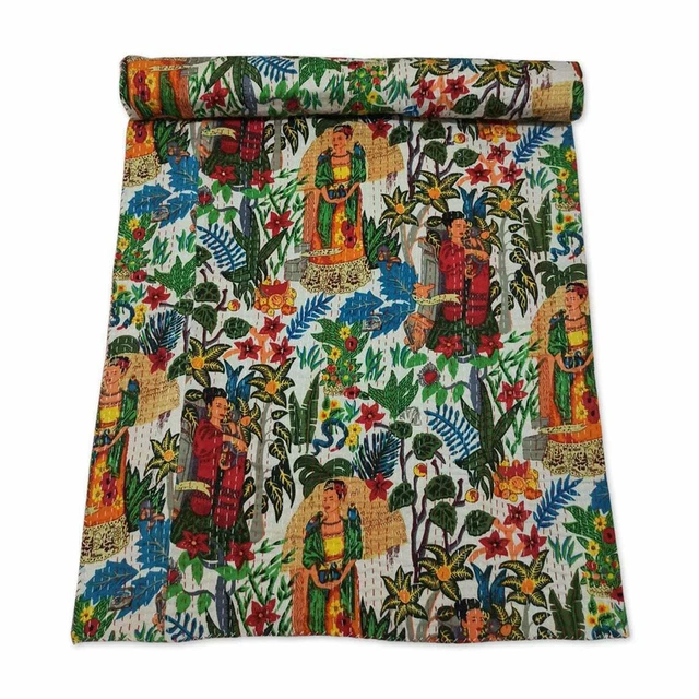 Colcha de algodón Kantha Edredón Queen Colcha Hecha a mano Frida Puntada a mano
