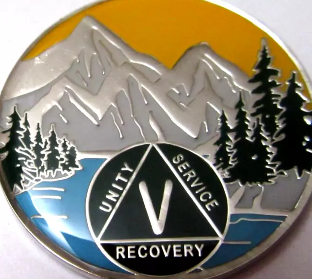 Moneda medallón de plata azul montaña verde Alcohólicos anónimos 5 años AA ficha