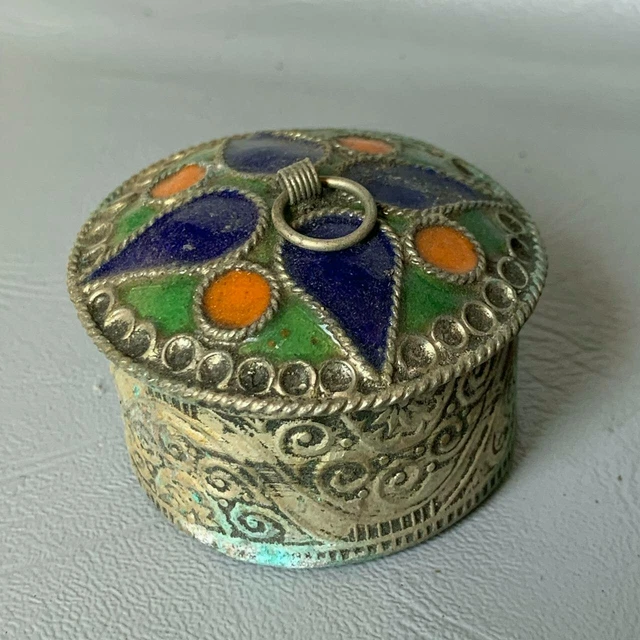 Very Rare Ancient Viking Silvered Old Burmese Betel Box Brass Multicolor Stones 2