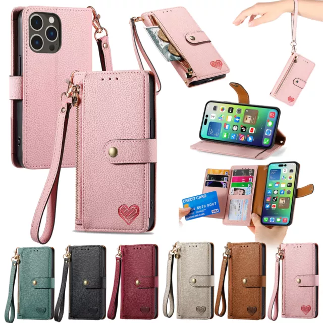 Wallet Case for iPhone 14/13/12/11/X/8/7 RFID Card Slots Kickstand Wrist Lanyard