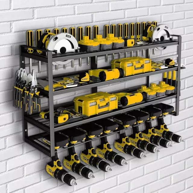 4 Layer Wall Mount Storage Rack Power Tool Organizer 8 Drill Holder Garage Shelf