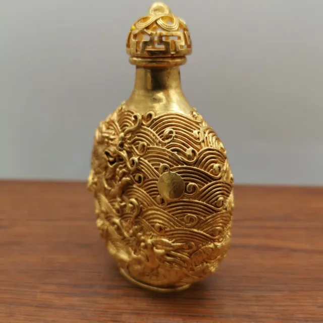 Antique Collectible Gold Crow Pattern Brass Gilt Snuff Bottle