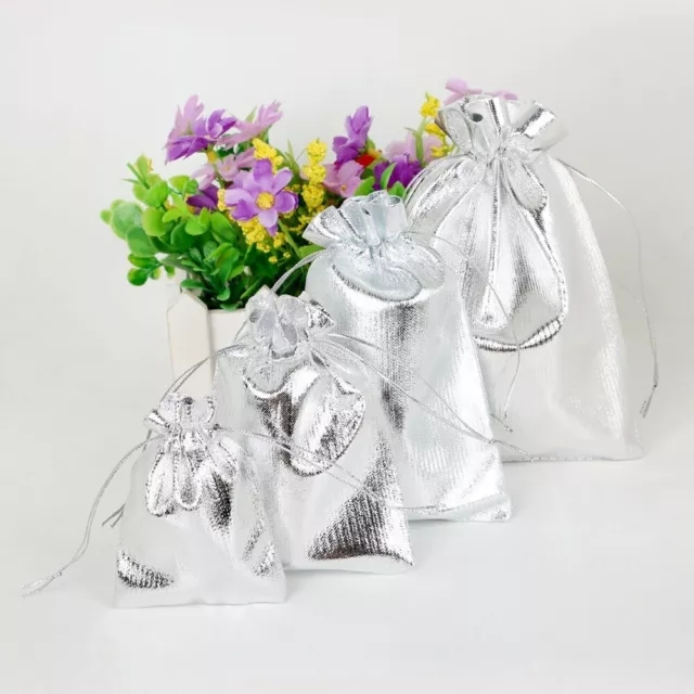 5pcs Silver Drawstring Bag Xmas natural craft wedding gift packing glitter #1992