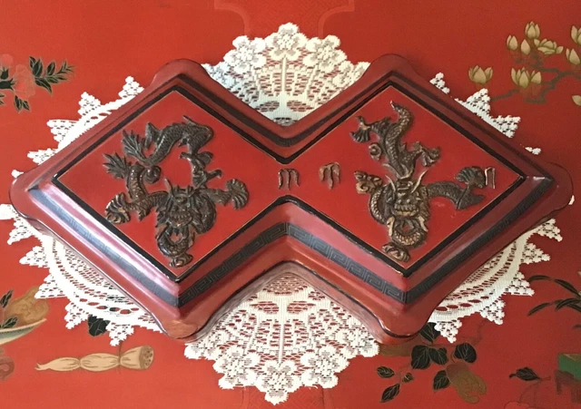Vintage Chinese Distressed Brick Red Lacquer Double Rhombus Dragons Box