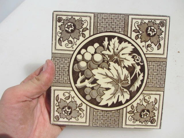 Antique Ceramic Tile Victorian Floral Flower Leaf Art Nouveau MINTON Pre-1884