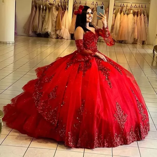 Red 15 16 Quinceanera Dresses Sweetheart Sequin Beaded Prom Graduation Gowns