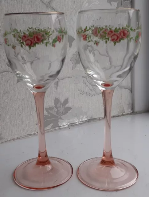 2  or a Pair  Luminarc Pink Glass Stemmed Wine Glasses With Roses See Pictures