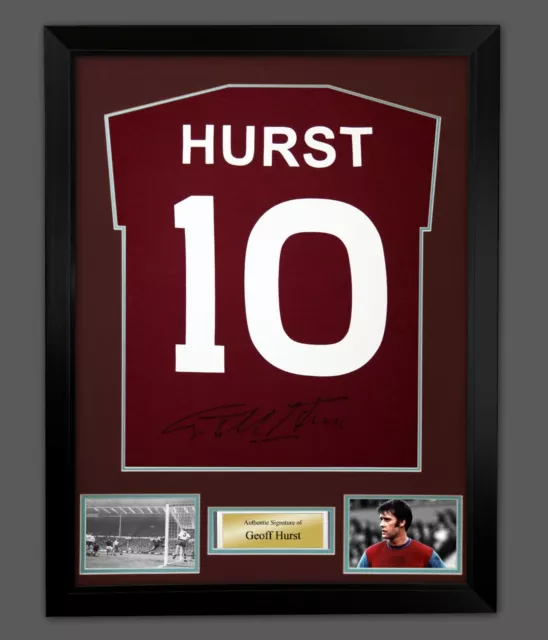 Geoff Hurst Hand Signed Claret Player T-Shirt In A Framed Presentation