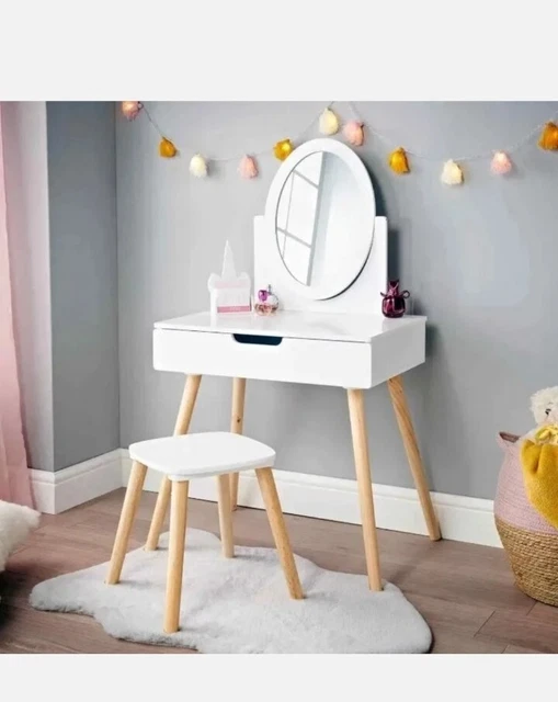 Juego de tocador Heidi con taburete y espejo blanco para niñas maquillaje vestidor decoración