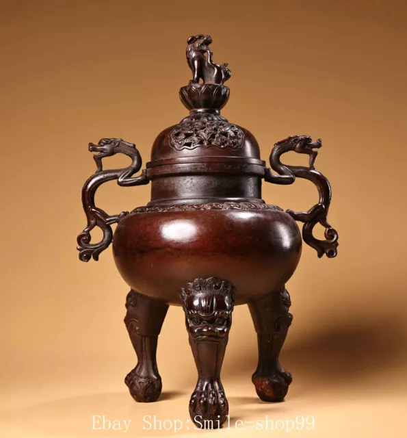 12.5" Old Dynasty Purple Bronze Dragon Beast lion Animal Incense Burner Censer