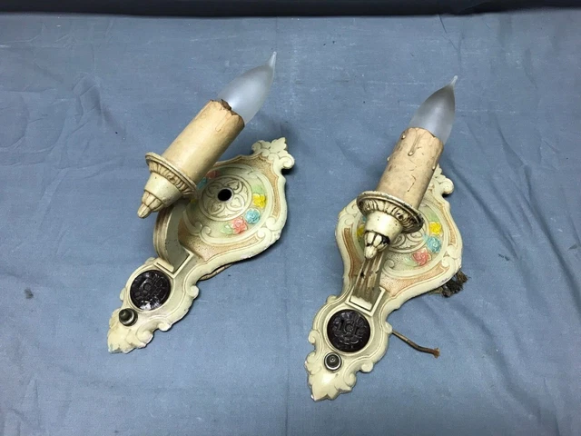 VTG Pair Aluminum Victorian Wall Sconces Painted Floral Light Fixtures 1071-22B