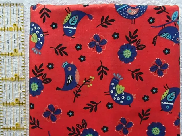 RARE & OOP Designer Novelty Exclusive RED & BLUE FOLK ART BIRDS *100% Cotton FQ*