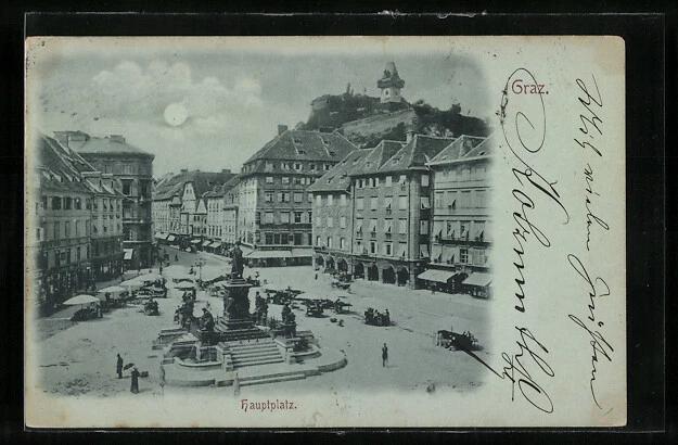 Mondschein-AK Graz, Denkmal am Hauptplatz 1899