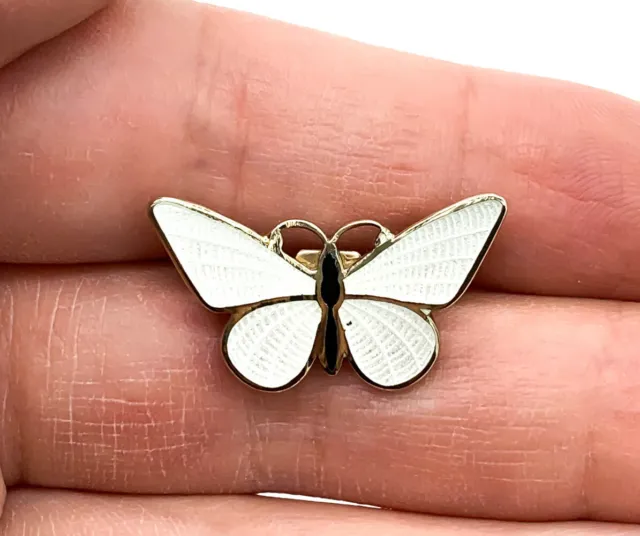 Vintage Mid Century White Black Guilloche Enamel Gold Tone Butterfly Pin Brooch 2